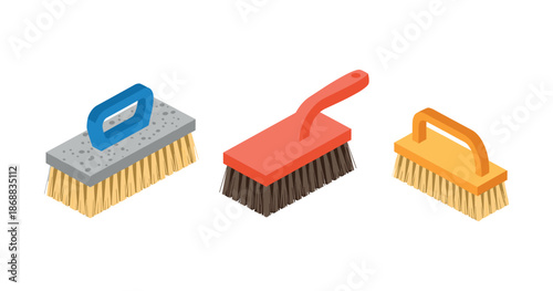 Set of three cleaning brushes with handles on white background