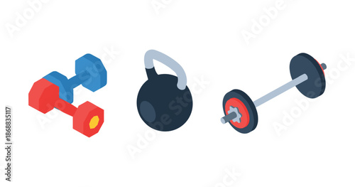 Colorful gym equipment: dumbbells, kettlebell, and barbell icons on white background