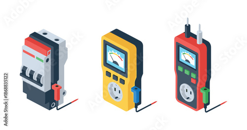 Isometric electrical devices illustration: breaker, voltage meter, digital multimeter