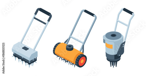 Isometric set of lawn care equipment with spiked and bristled tools on wheels