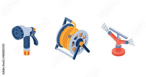 Garden tools set: hose nozzle, hose reel, and water sprinkler isolated