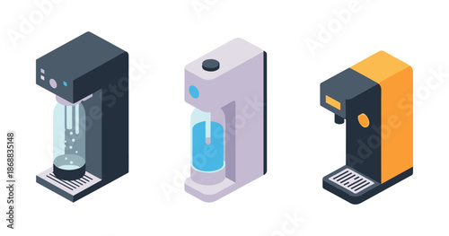 Set of three isometric beverage machines in modern design