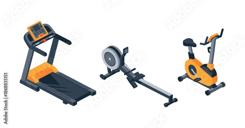 Indoor gym equipment set: treadmill, rowing machine, exercise bike