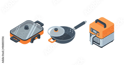 Isometric kitchen appliances: electric skillet, nonstick fry pan, deep fryer
