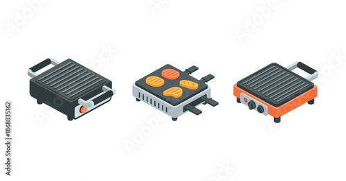 Set of three isometric electric grills with varied designs and controls