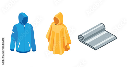 Blue hoodie yellow poncho folded yoga mat isometric outdoor gear