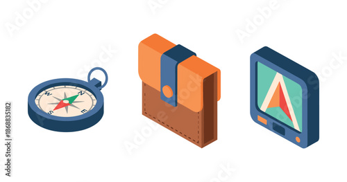 Set of travel icons: compass, wallet, gps device in flat design style