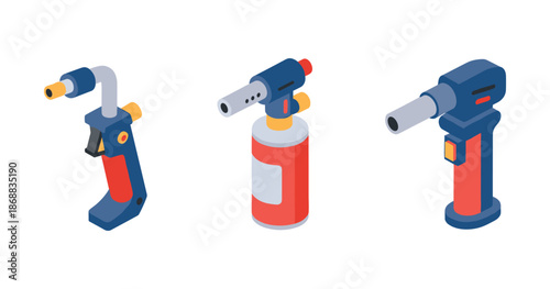 Collection of three blowtorches: isometric design and tools for craftsmanship