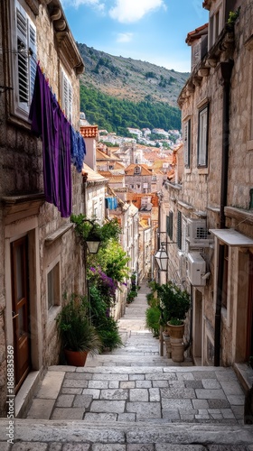 Narrow Cobblestone Street with Stairs in Dubrovnik Old Town