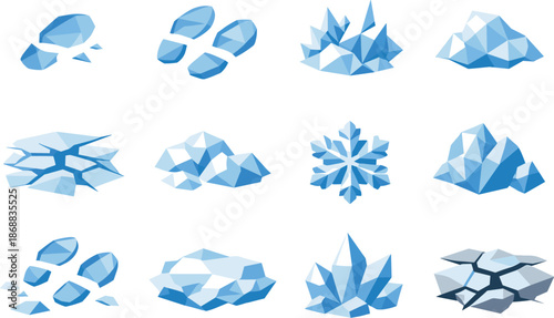 Geometric Winter Icons. Crisp snow footsteps and frosty ground texture visualized as a low-poly vector icon set with sharp polygon