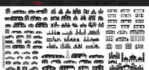 Various buildings silhouette icons mega set. Containing house, factory, barn, mosque, cottage, and industrial plant glyph symbols. Minimal architectural exterior vector illustration.