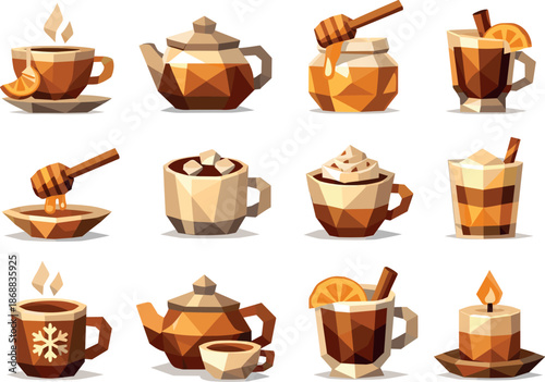 Tea Icons Collection. Low-poly polygonal vector icon set focused on tea with honey, warm beverages, cozy winter drinks, and