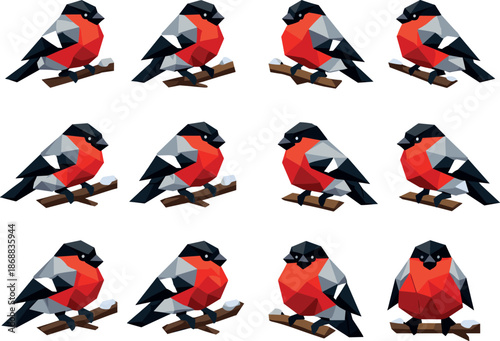 Bullfinch Icon Collection. Winter bullfinch perched on a tree branch illustrated as a cohesive low-poly vector icon set built from