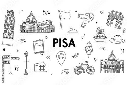 Outline icons of pisa: leaning tower, cathedral, arch, bicycle, camera, flag, street signs