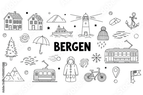 Bergen icons: lighthouse, tram, ferry, mountain, winter wear, and more