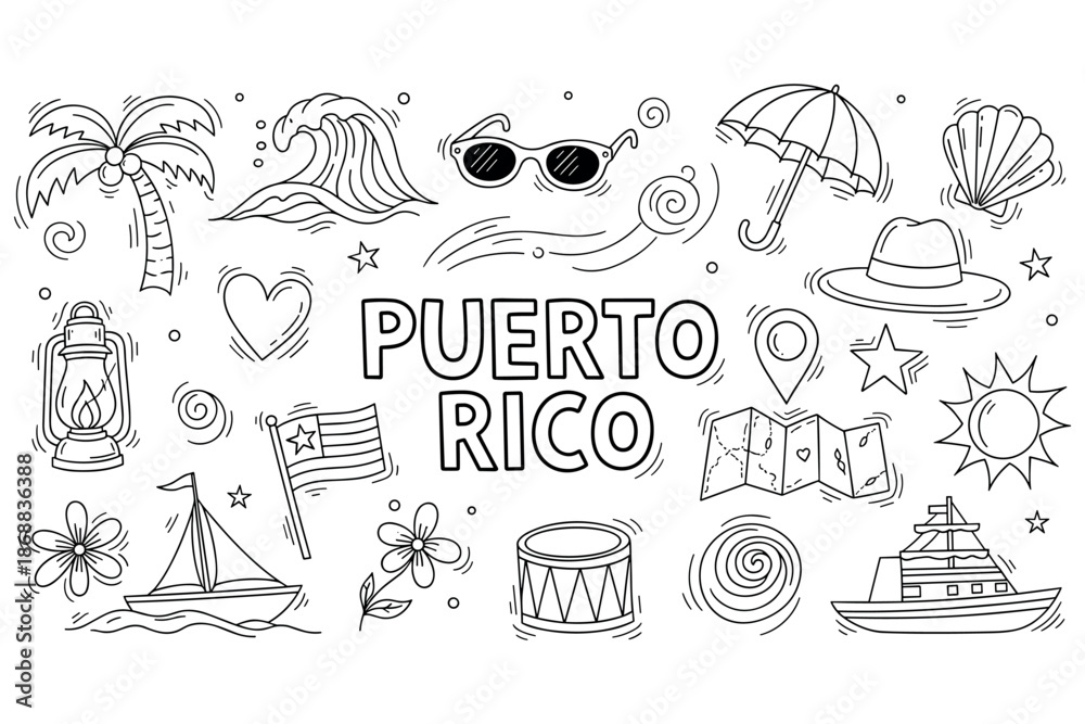Obraz premium Puerto rico travel icons: beach, culture, and adventure illustrations