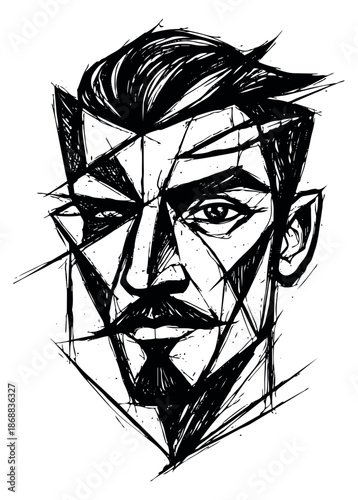 Hand drawn line art illustration of a man's face depicting a shattered geometric style for creative design