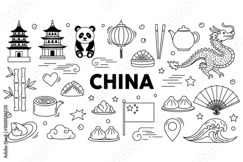 China icons: panda lantern dragon pagoda bamboo teapot dumplings