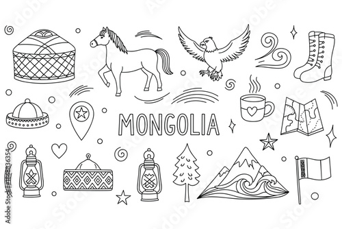 Mongolia themed doodle illustration featuring yurt, horse, eagle, and mountain scenery