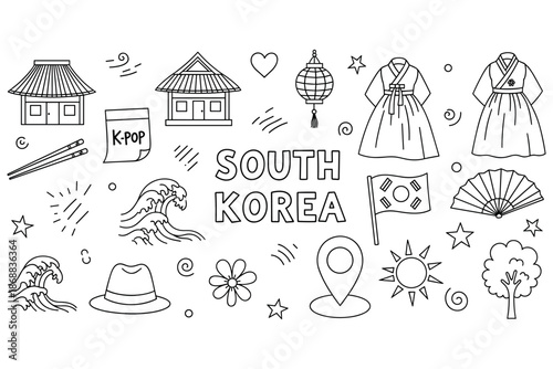South korea icons: culture, k-pop, hanbok, traditional symbols