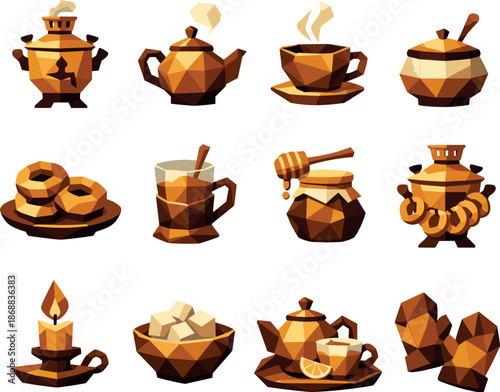 Low-Poly Samovar Icons. Low-poly polygonal vector icon set focused on hot samovar, traditional tea, Russian beverage culture, and