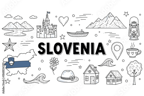 Hand-drawn slovenian elements: castle, alps, lake, nature, country map