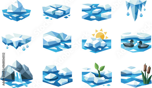 Spring Thaw Icons. Melting river ice and spring thaw represented through a professional low-poly vector icon set using crisp