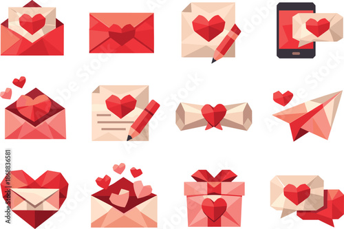 Love Letter Icon Set. Low-poly polygonal vector icon set focused on love letter, romantic correspondence, heartfelt note, and