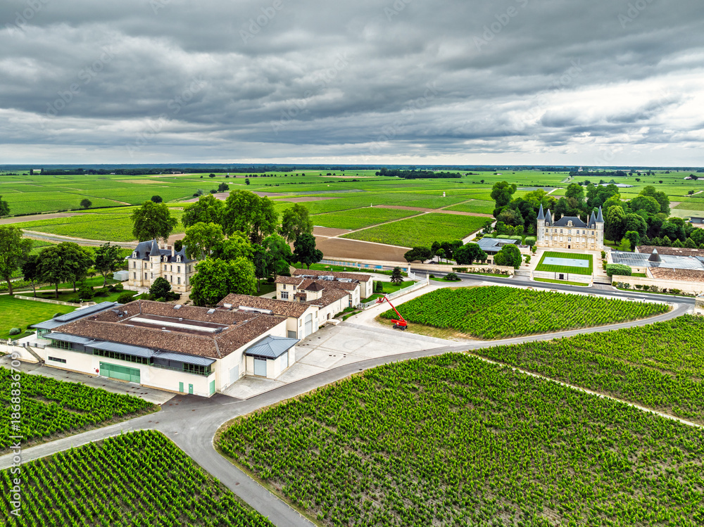 Obraz premium Chateau Pichon Longueville Baron Vineyard and grape fields around Pauillac from a drone, Bordeaux, Gironde, Nouvelle-Aquitaine, France, Europe