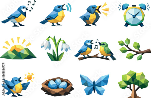 Singing Birds Icons. Low-poly vector icon set for birds singing louder and early spring awakening, featuring angular polygonal