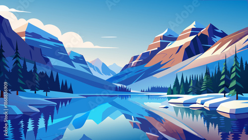 A serene winter mountain landscape with a reflective lake under a clear blue sky