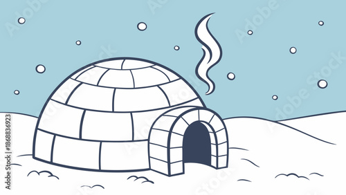 A charming cartoon igloo with smoke rising amidst falling snow in a tranquil winter scene