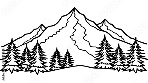 A simple line art illustration featuring majestic mountains and towering pine trees