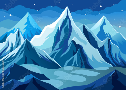 Majestic snow-capped mountains under a starry night sky, a breathtaking winter landscape