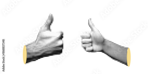 Halftone Human hand gestures, vintage collage style, black and white halftone texture, in retro comic book style with bold dotted texture. High contrast black and white image, isolated on white backgr