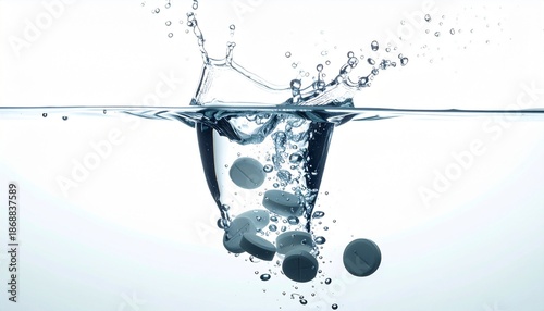 Studio shot of several round tablets falling into pure water, creating a big splash with many bubbles. A concept for medicine, pharmaceutical industry, healthcare, and science research.