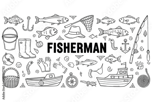Fisherman icons: fishing gear and tools set with fish, net, boat, and hooks in black and white