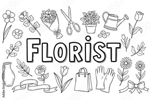 Florist tools and flower icons in black and white line art design