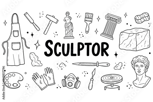 Artistic sculptor tools and classical elements in black and white illustration