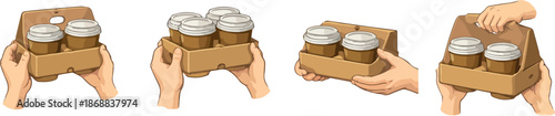 set of icons of hands holding coffee cup carriers from different angles and perspectives, for menus, promo materials or social media