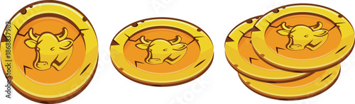 set of gold coins in different shapes and perspectives and with animal designs, namely with a cow, for businesses, games or casino designs