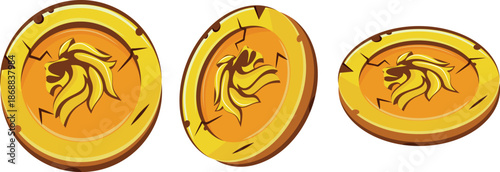 set of gold coins in different shapes and perspectives and with animal designs, namely with a lion, for businesses, games or casino designs