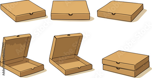 set of icons of a kraft pizza box from different angles and perspectives, for menus, promotional materials or social media