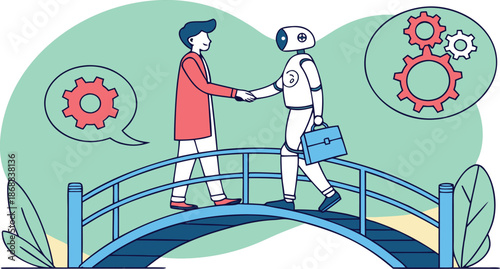 Human-Robot Partnership: A futuristic depiction of collaboration as a human and robot shake hands on a bridge, symbolizing unity in technology and innovation. 