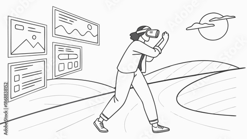 Immersive Virtual Reality Experience: A person completely engrossed in an augmented digital world, interacts with virtual interfaces, wearing VR goggles.