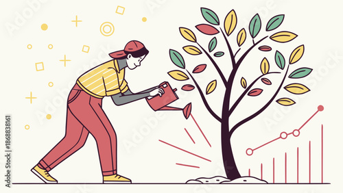 Nurturing Growth: A figure carefully waters a vibrant young tree, symbolizing growth and development.