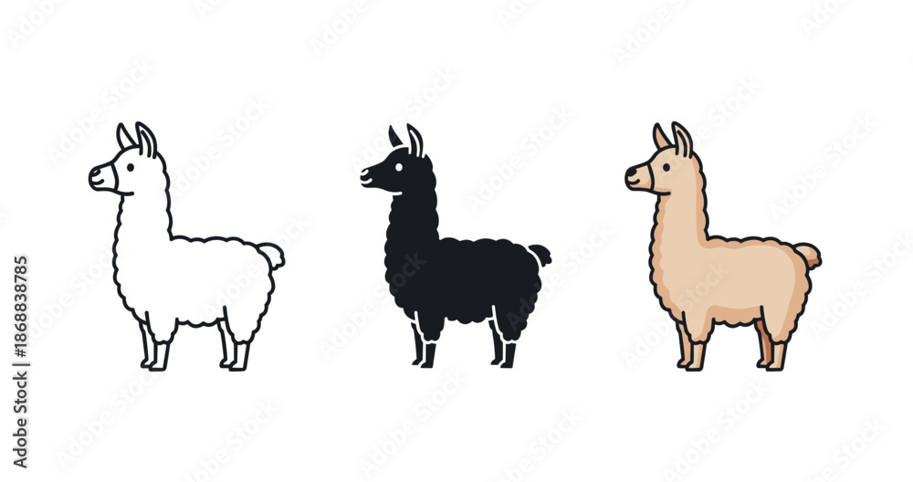 Obraz premium Cartoon illustrations of white, black, and brown llamas in profile view