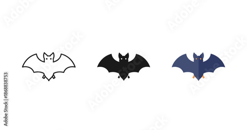 Set of bat designs: outline, silhouette, and geometric style
