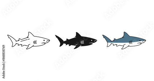 Set of three shark illustrations in different styles and colors