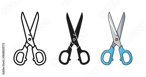 Three scissors variations: outline, silhouette, and colored handles display